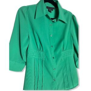 Ninety Green Button-Down Blouse | Size M | Collared 3/4 Sleeve Top